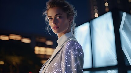 Model wearing fashion embedded with micro screens displaying changing patterns, set in a smart city...