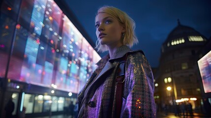 Model wearing fashion embedded with micro screens displaying changing patterns, set in a smart city square