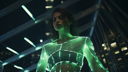 Model wearing translucent attire with light projections, in the heart of a digital city