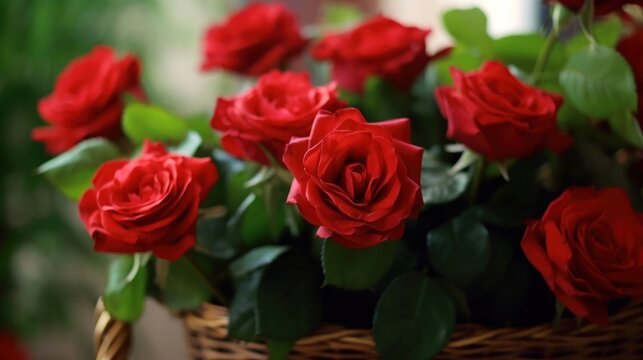 Beautiful red roses in basket on blurred background, closeup view. Mother's day concept with a space for a text. Valentine day concept with a copy space.