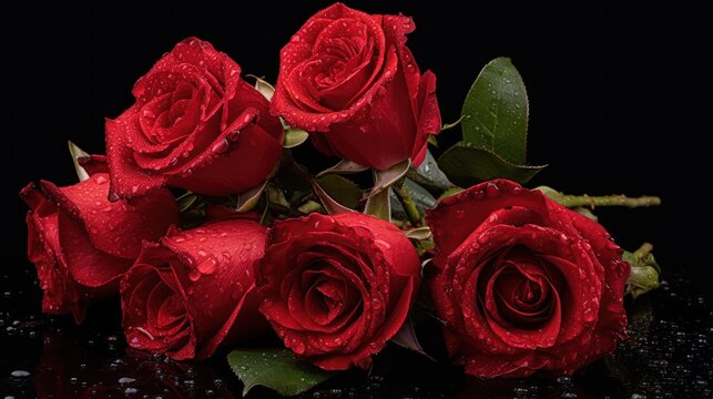 Bouquet of red roses with water drops on black background. Mother's day concept with a space for a text. Valentine day concept with a copy space.