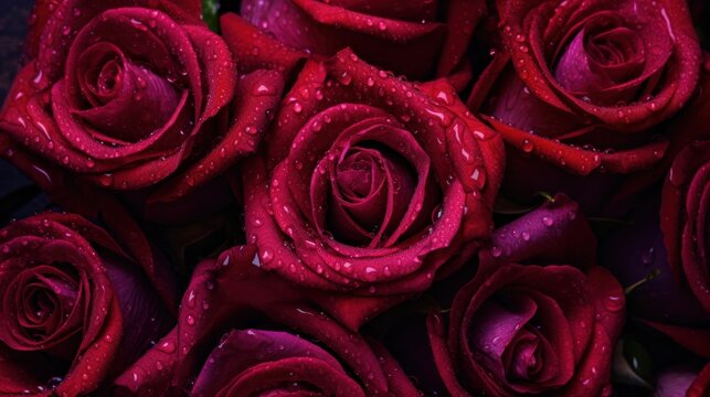 Red roses with water drops on black background. Shallow depth of field. Mother's day concept with a space for a text. Valentine day concept with a copy space.