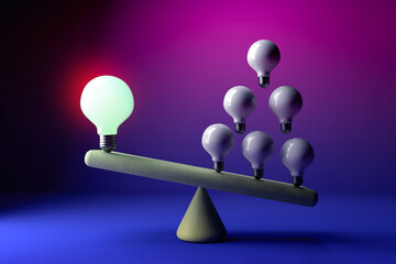 Many ideas versus one big idea with light bulbs - 3D render