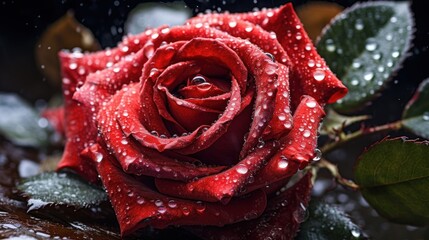 Beautiful red rose with water drops on the petals after the rain. Mother's day concept with a space...