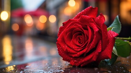 Red rose with water drops on the background of the night city. Mother's day concept with a space for a text. Valentine day concept with a copy space.