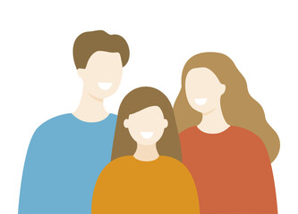 Happy Family Portrait. Smiling man and woman parent and child daughter together. Relationship concept. Flat people character vector design isolated illustration.