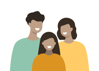 Fototapeta premium Happy Family Portrait. Smiling man and woman parent and child daughter together. Relationship concept. Flat people character vector design isolated illustration.
