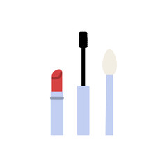 Set of cosmetic product, lipstick, mascara and makeup brush. Flat vector design isolated illustration.
