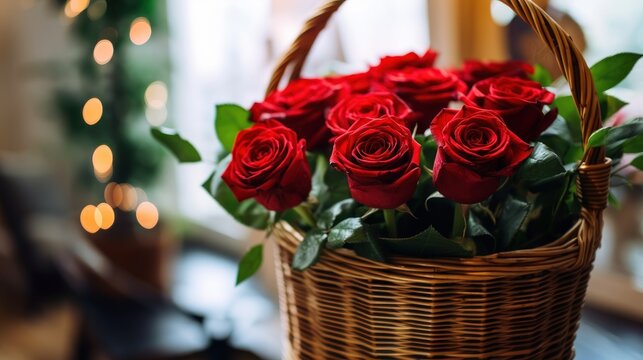 Bouquet of red roses in a basket on the table. Mother's day concept with a space for a text. Valentine day concept with a copy space.