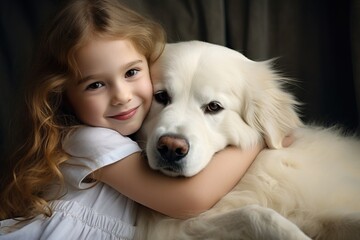 little girl holding dog on the floor