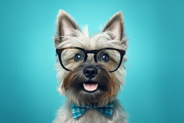Naklejka premium Conceptual portrait photography of a smiling cairn terrier wearing a hipster glasses against a soft blue background. With generative AI technology