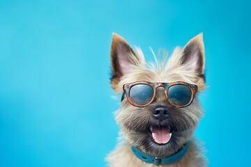 Naklejka premium Conceptual portrait photography of a smiling cairn terrier wearing a hipster glasses against a soft blue background. With generative AI technology