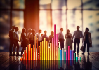 Colorful bar chart in front of blurred business people in big office. Business people standing behind bar chart.