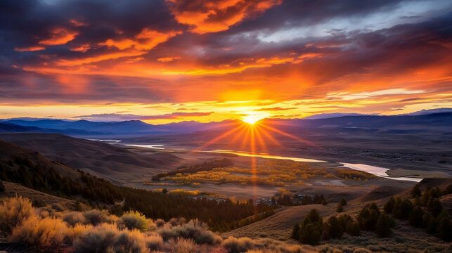 a breathtaking photo of a majestic sunrise over a serene landscape, with rays of golden light breaking through the clouds