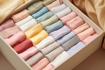 overhead view at card box with clothes inside. Sustainable fashion, resale used clothes