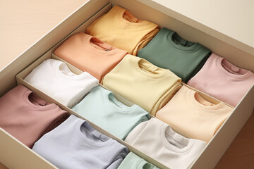 overhead view at card box with clothes inside. Sustainable fashion, resale used clothes