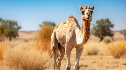 dromedary (Camelus dromedarius) in a desert on a hot day.