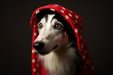 Photography in the style of pensive portraiture of a smiling borzoi wearing a ladybug costume against a dark grey background. With generative AI technology