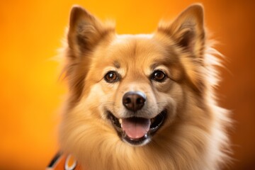 Medium shot portrait photography of a happy finnish spitz wearing a sports jersey against a tangerine orange background. With generative AI technology