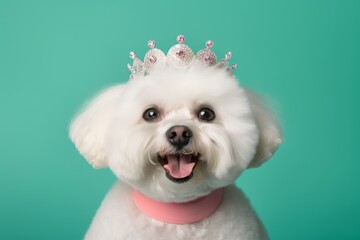 Close-up portrait photography of a happy bichon frise wearing a princess crown against a pastel green background. With generative AI technology