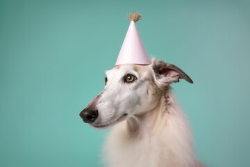 Photography in the style of pensive portraiture of a curious borzoi wearing a unicorn horn against a pastel green background. With generative AI technology