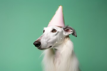 Obraz premium Photography in the style of pensive portraiture of a curious borzoi wearing a unicorn horn against a pastel green background. With generative AI technology