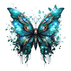 A futuristic cyber-garden English Butterfly t-shirt design featuring a butterfly with wings made of holographic leaves and digital flowers, Generative Ai