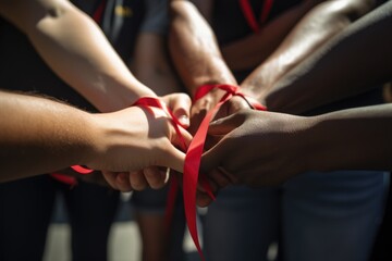 A group of people holding hands in a circle close up, with red ribbons intertwined, illustrating unity in the fight against HIV/AIDS. Generative AI. - obrazy, fototapety, plakaty