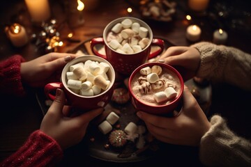A joyful composition of hands holding cups of hot cocoa with marshmallows, surrounded by Christmas lights and ornaments. Generative AI.