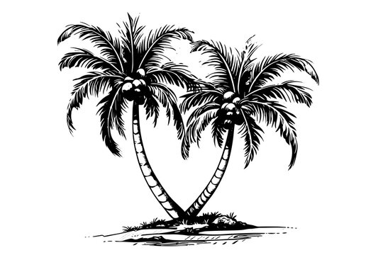 Palm tree with coconut hand drawn sketch. Ink silhouette vector illustration.