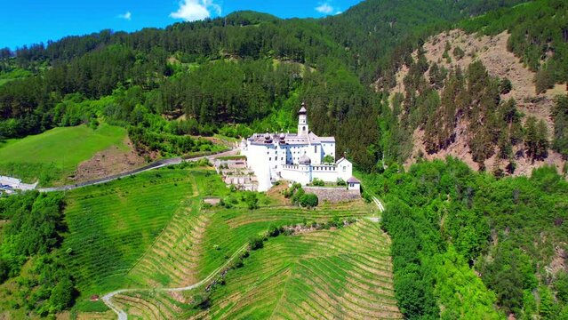 Marienberg Monastery - Vinschgau in South Tyrol - a fantastic aerial shot of the white monastery on the mountain