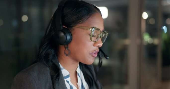 Call center, night discussion and business women conversation on telemarketing, consultation or technical support. Help desk customer care, outsourcing and telecom agent consulting on lead generation