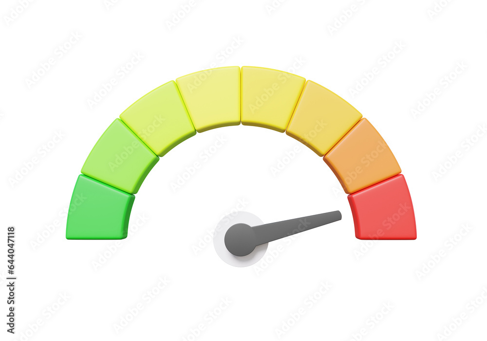 Fototapete Arrow point scale speed high status red speedometer icon performance, pointer rating risk credit levels, meter, tachometer on isolated background. minimal cartoon. 3d rendering