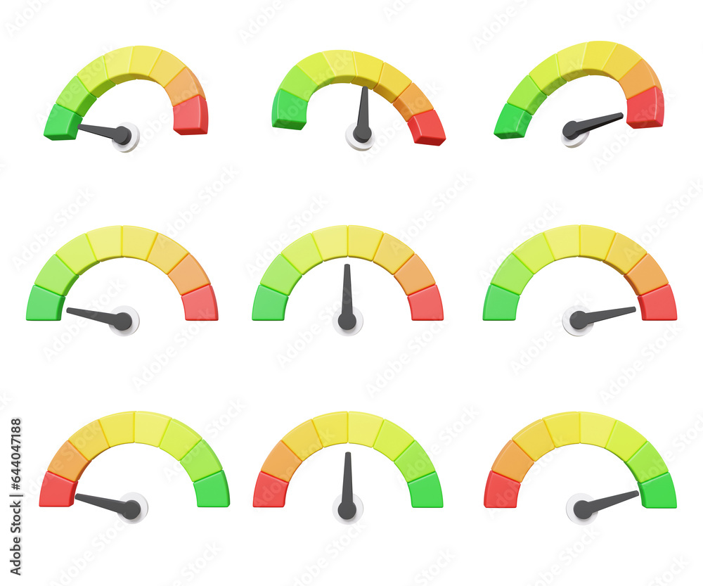 Poster icon 3d set arrow point scale speed high status red speedometer icon performance, pointer rating ris