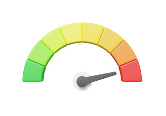 Arrow point scale speed high status red speedometer icon performance, pointer rating risk credit levels, meter, tachometer on isolated background. minimal cartoon. 3d rendering