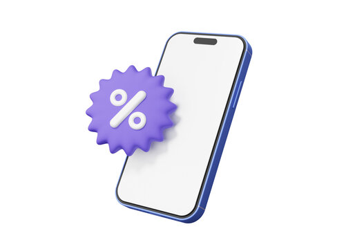 Tag price icon symbol percent offer special shopping concept on smartphone. promotion sale percentage marketing profitable voucher discount coupons tag excellent, refund, 3d rendering illustration