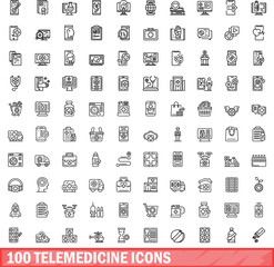 Obraz na płótnie Canvas 100 telemedicine icons set. Outline illustration of 100 telemedicine icons vector set isolated on white background