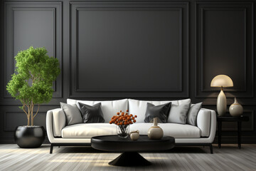 Modern living room design with black walls and sofa and decoration, elegant and luxurious.