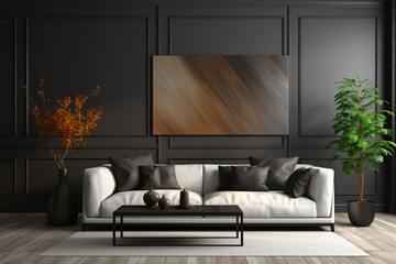 Modern living room design with black walls and sofa and decoration, elegant and luxurious.