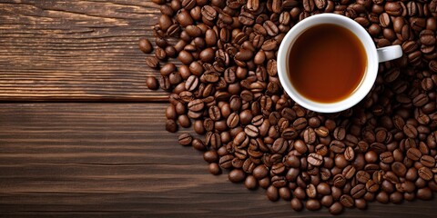 Naklejka premium Coffe in cup on wooden table. Aromatic coffee beans. Wake up to freshness. Morning brew. Savory aromas in every cup. Perfect espresso shot. Savor flavor