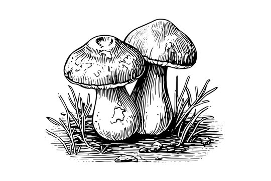 Forest mushrooms hand drawn ink sketch. Engraving vintage style vector illustration.