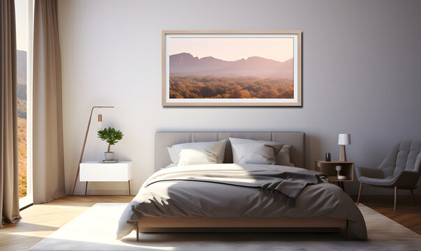 cadre photo vierge, format panoramique, dans une chambre à coucher contemporaine