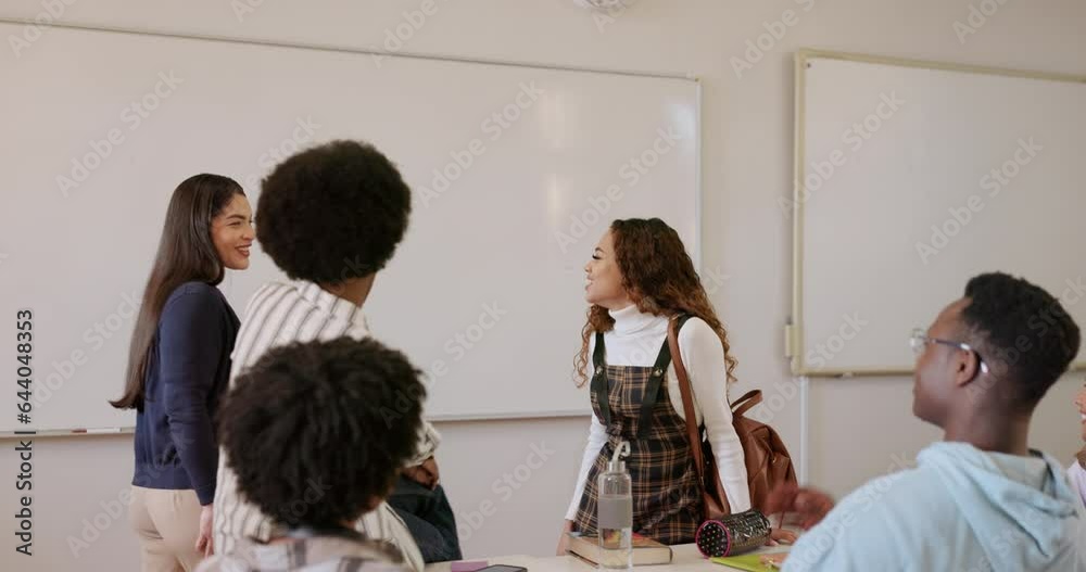 Aufkleber university students, greeting and class with conversation, collaboration and school teamwork. welcom