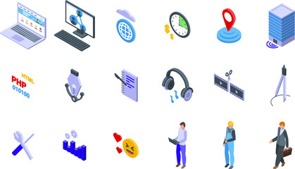 Outsourcing icons set isometric vector. Network team. Office finance