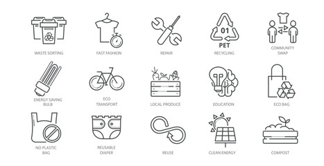 Zero Waste Economy line icon set. waste sorting, fast fashion,community sharing, local food, bicycle, diaper, solar panel, education,light bulb, brain vector illustration.Editable Stroke