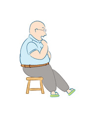 Side view of delightful old man sitting on a short wooden chair and chatting with someone at outdoor