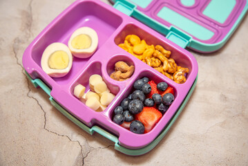 School lunch bento box with egg, fruit, cheese and crackers.