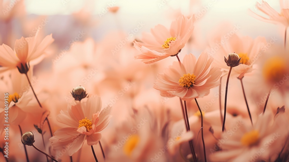 Wall mural blurred of peach fuzz flowers with bokeh soft blur in the pastel vintage retro tone for background. 
