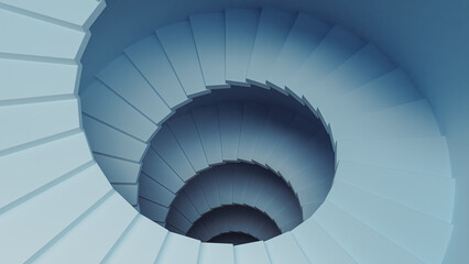 Descending Blue Spiral Staircase, Depth, Light and Shadows 3D Aesthetic Background, 3D render