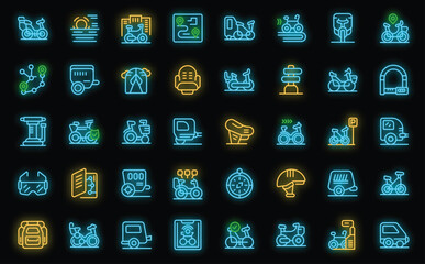 Bike trailer icons set outline vector. Cargo cycle. Life ride neon color on black